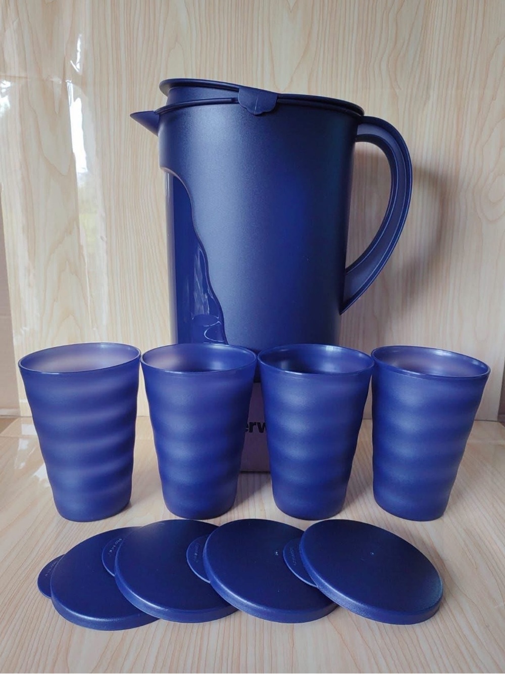 Tupperware Navy Blue Drink Pitcher and Tumbler Set - 1 Pitcher + 4 Cups with Lid